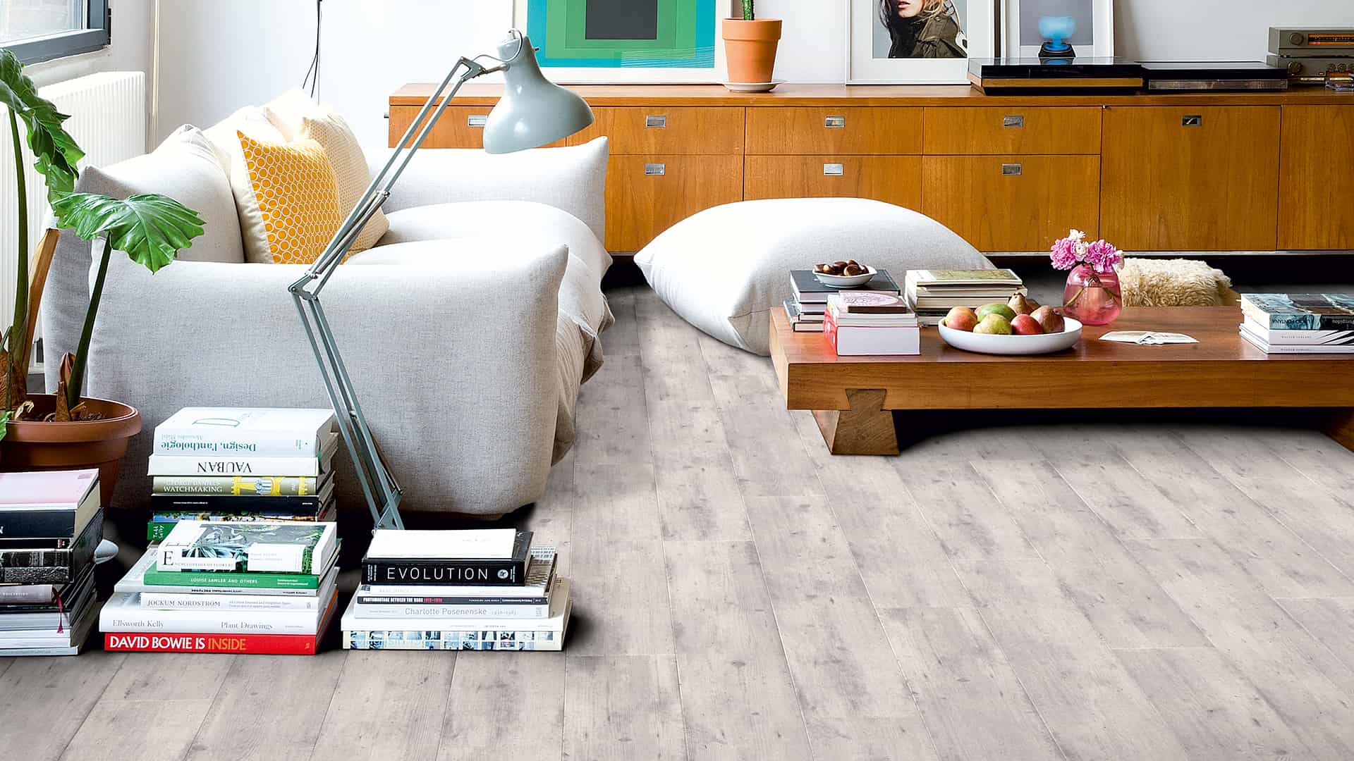 Grey pine flooring in living room